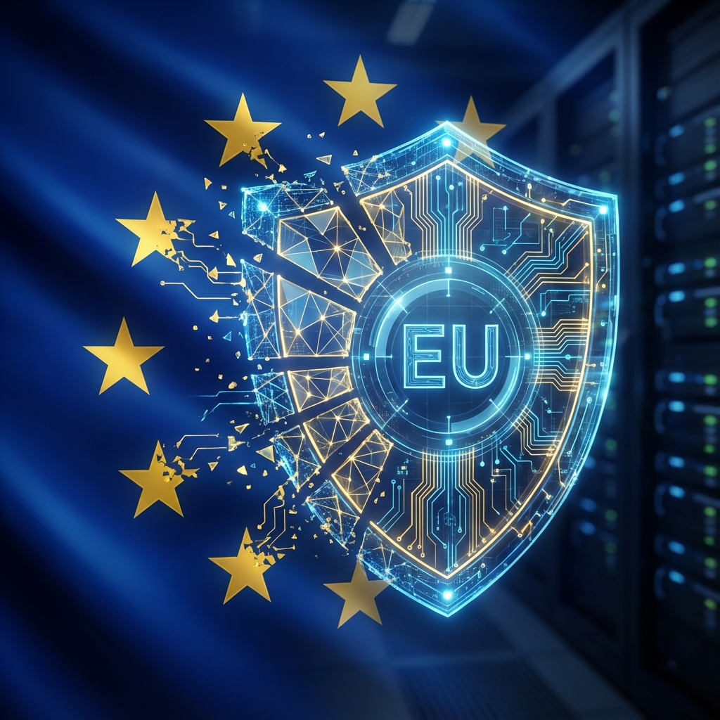 European Union flag stars transforming into digital shield, blue and gold