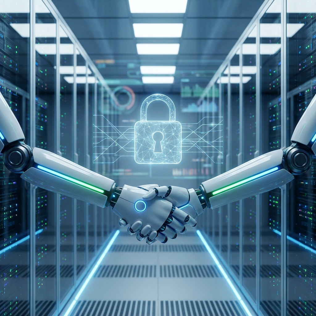 Digital handshake between two robotic arms with padlock hologram, secure connection concept