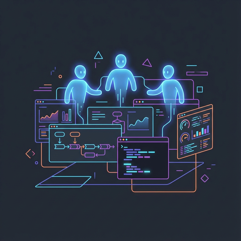 AI agents collaborating with DevOps tools on a dashboard.