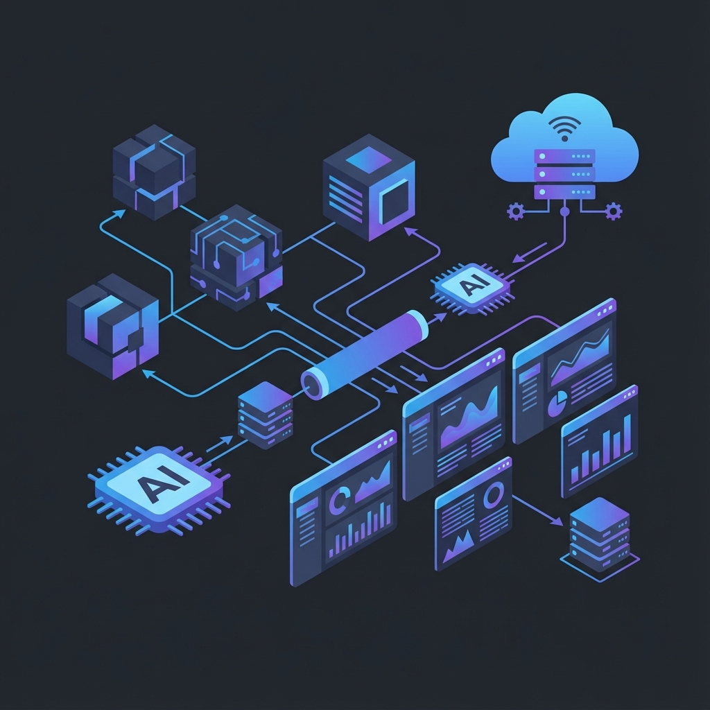 Illustration of enterprise AI models connected to data pipelines and dashboards.