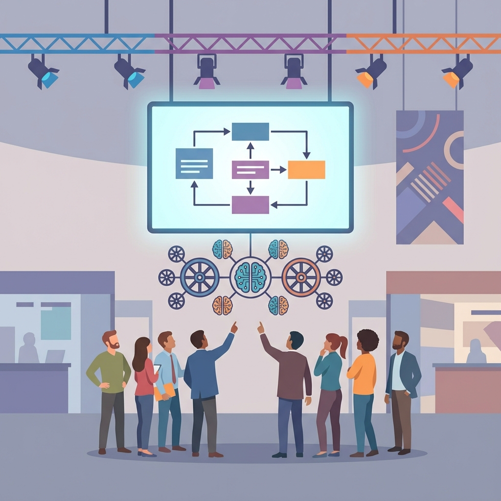 Engineers at a conference discussing a platform diagram above Kubernetes and AI icons.