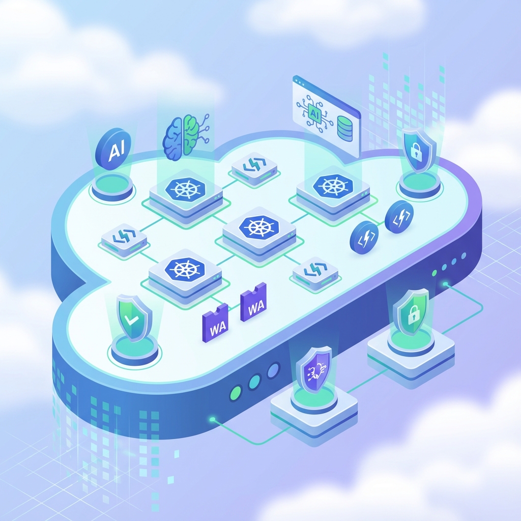 Stylised Kubernetes clusters with icons representing serverless, AI/ML, WebAssembly, and zero trust security.